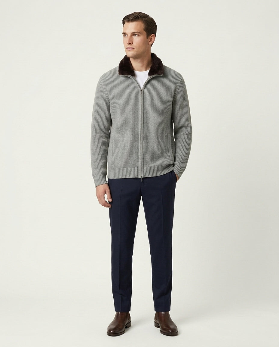 Prague Fur Collar Cardigan - Light Grey