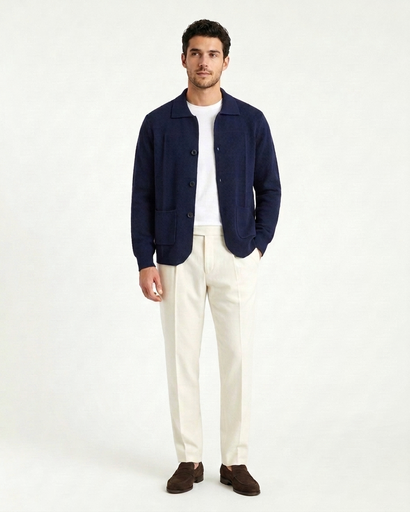 Naples Wool Button Overshirt - Navy Blue