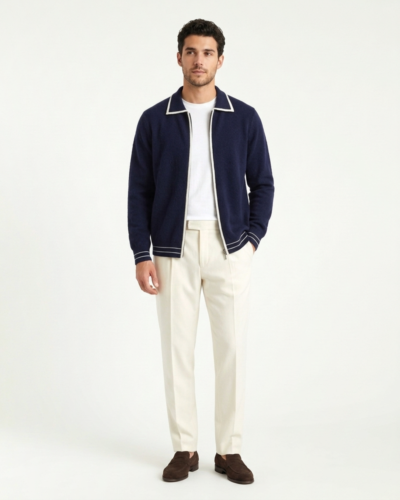 Valencia Wool Polo Cardigan - Navy Blue
