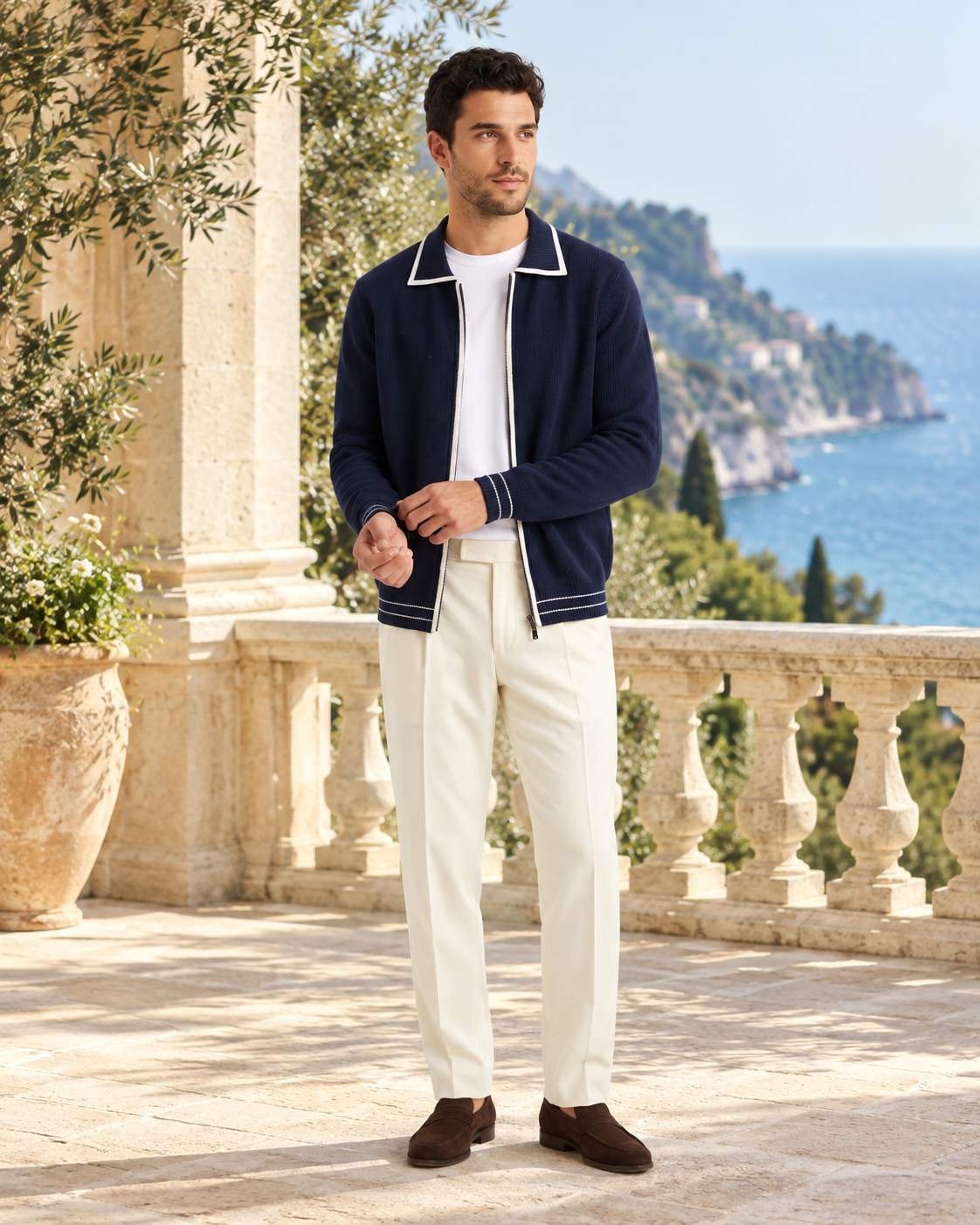Valencia Wool Polo Cardigan - Navy Blue
