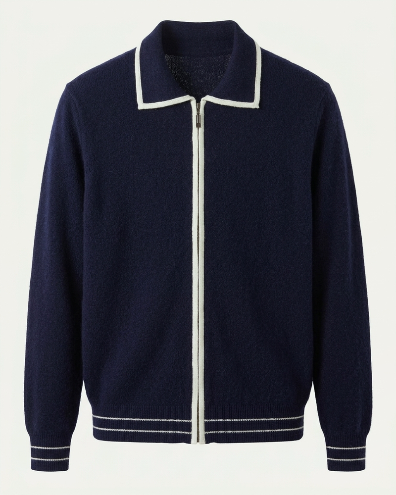 Valencia Wool Polo Cardigan - Navy Blue