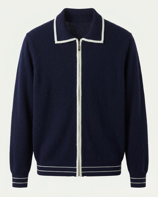 Valencia Wool Polo Cardigan - Navy Blue