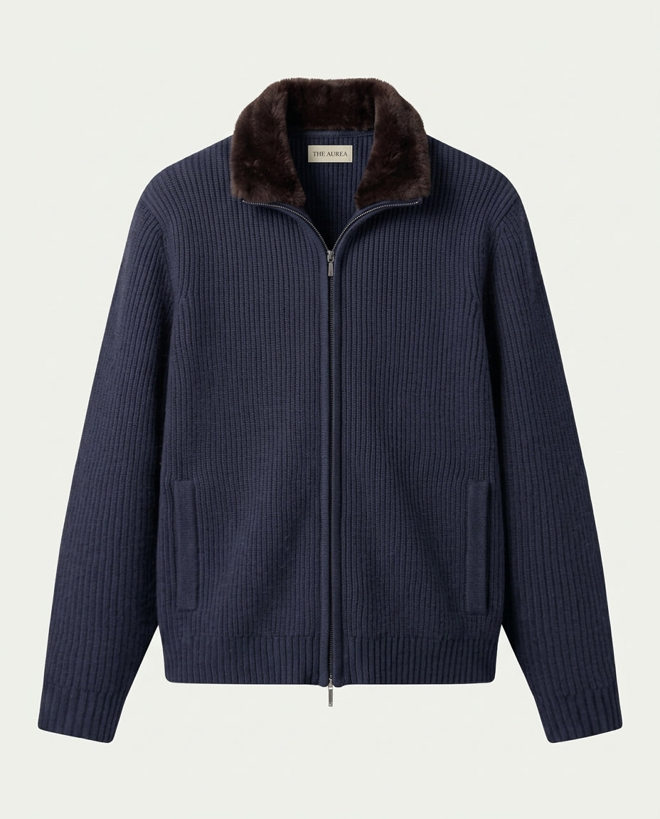 Prague Fur Collar Cardigan - Navy Blue