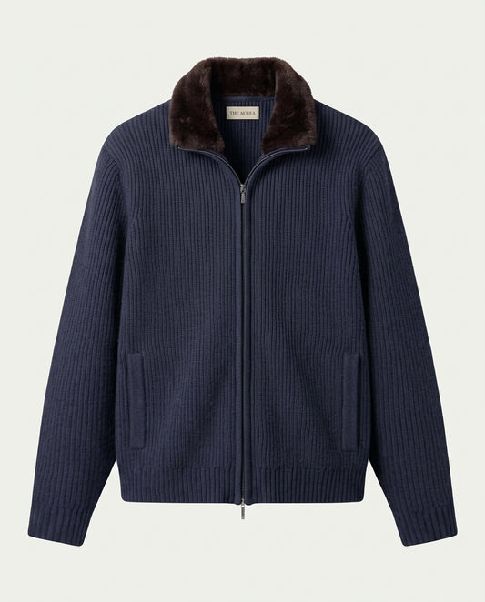 Prague Fur Collar Cardigan - Navy Blue