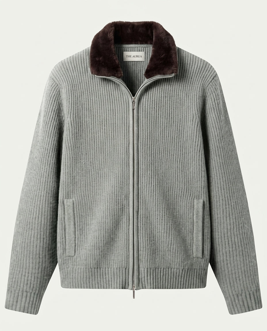Prague Fur Collar Cardigan - Light Grey
