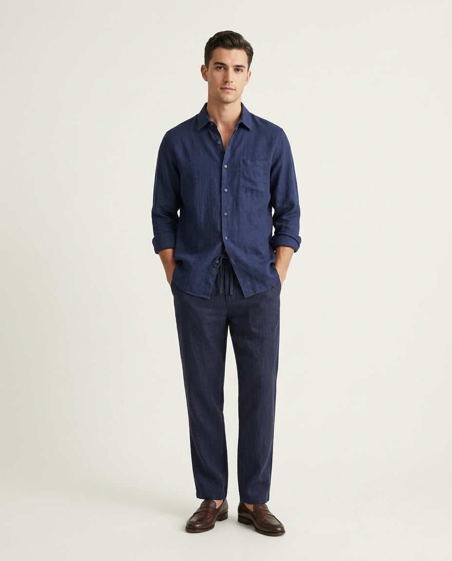 Florence Linen Set Long Sleeve Navy