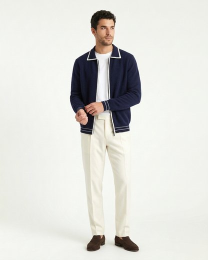 Valencia Wool Polo Cardigan - Navy Blue