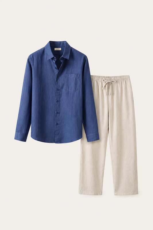 Pisa Linen Set Long Sleeve Blue/Beige