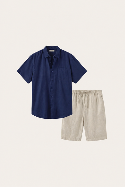 Verona Linen Shirt & Shorts Navy/Beige