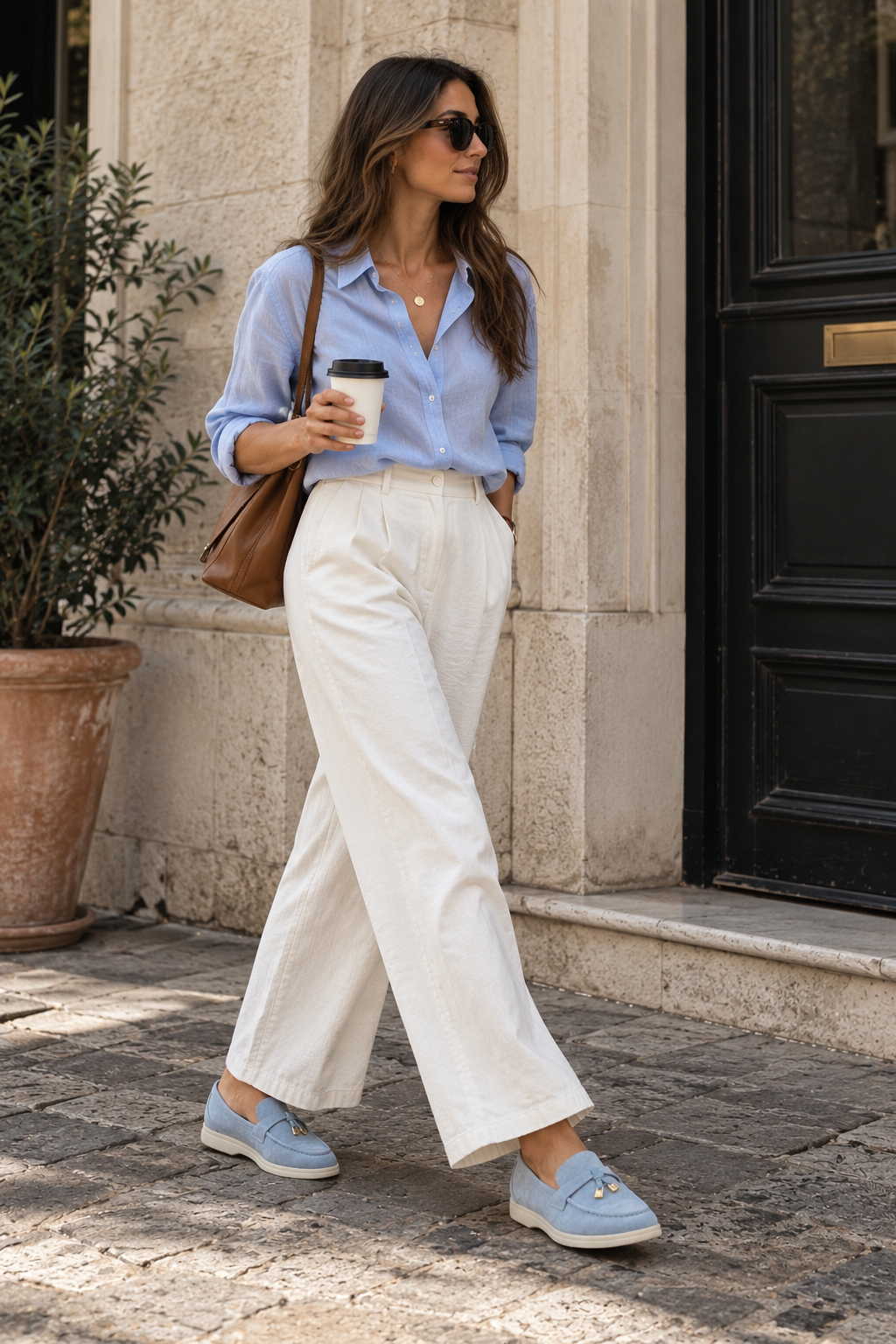 Woman wearing beige suede loafers in an Italian Riviera setting