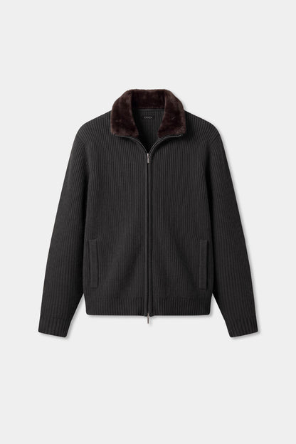 Prague Fur Collar Cardigan - Dark Grey