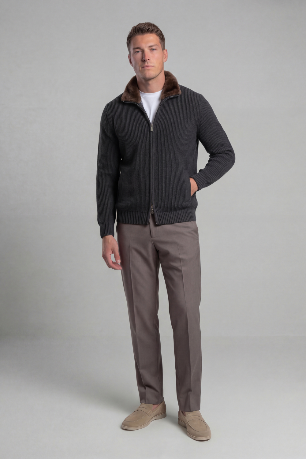 Prague Fur Collar Cardigan - Dark Grey