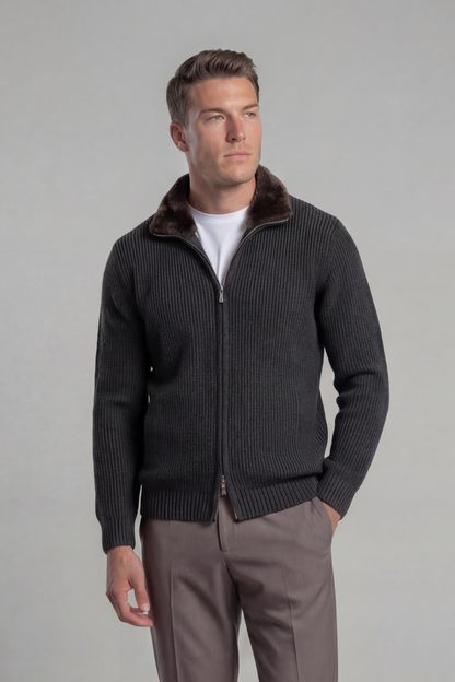 Prague Fur Collar Cardigan - Dark Grey