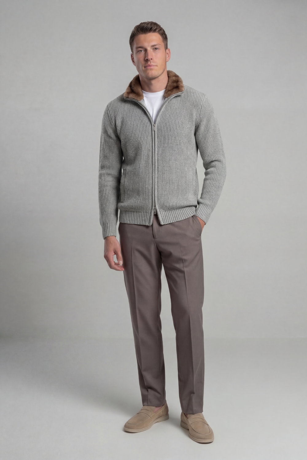 Prague Fur Collar Cardigan - Light Grey