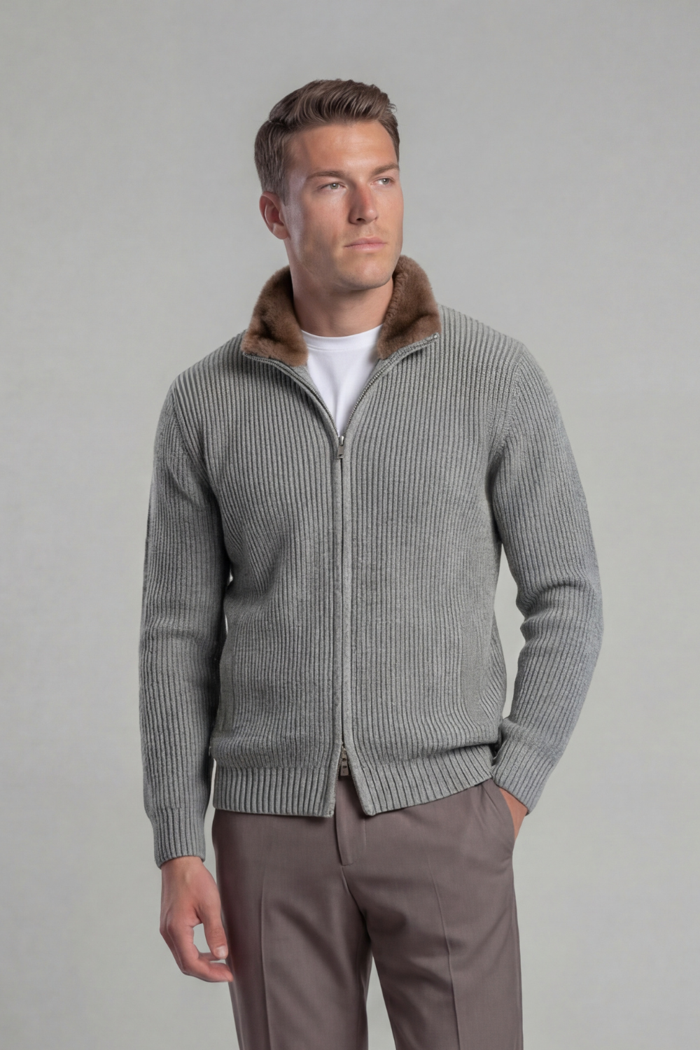 Prague Fur Collar Cardigan - Light Grey