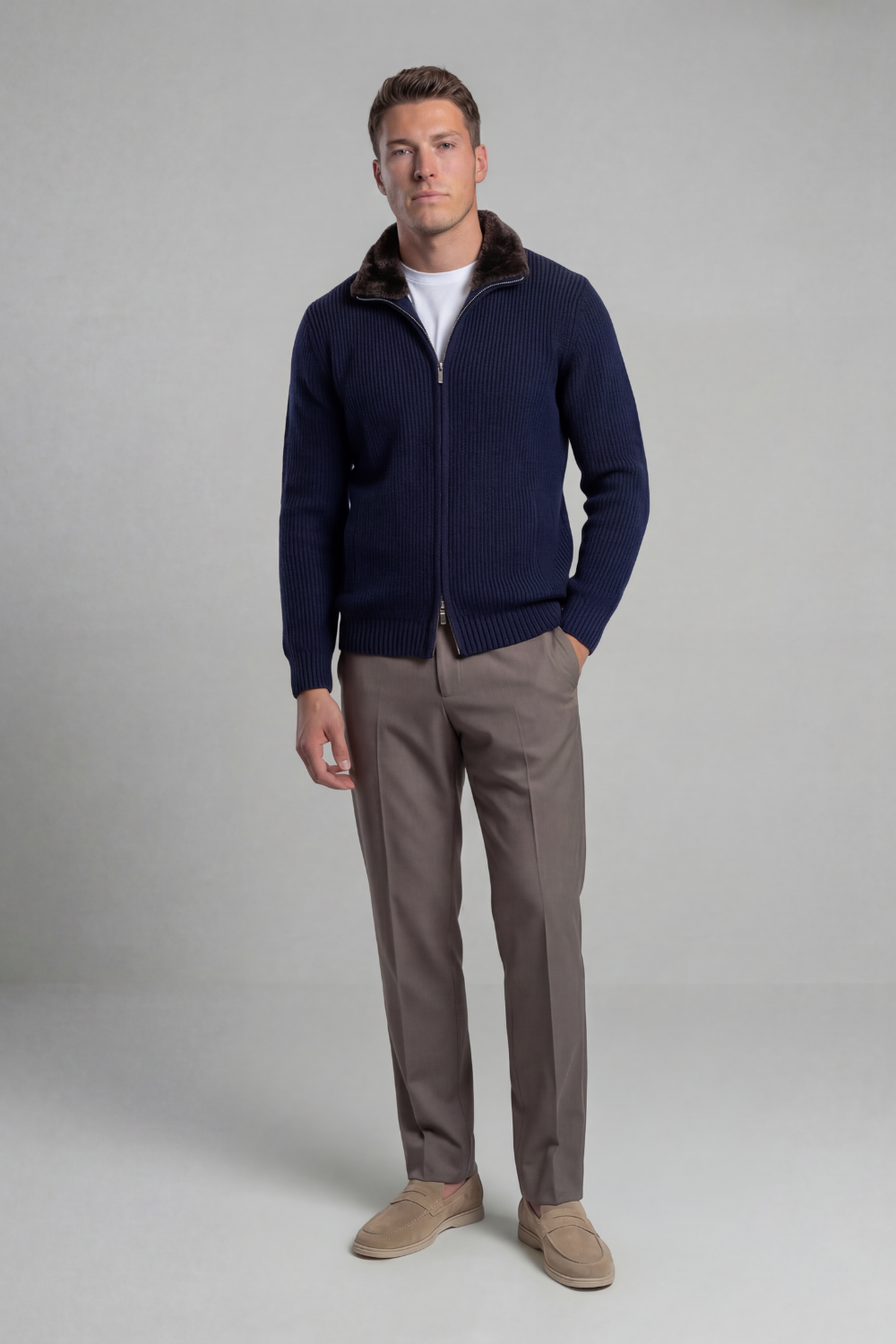 Prague Fur Collar Cardigan - Navy Blue