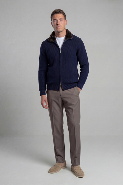 Prague Fur Collar Cardigan - Navy Blue