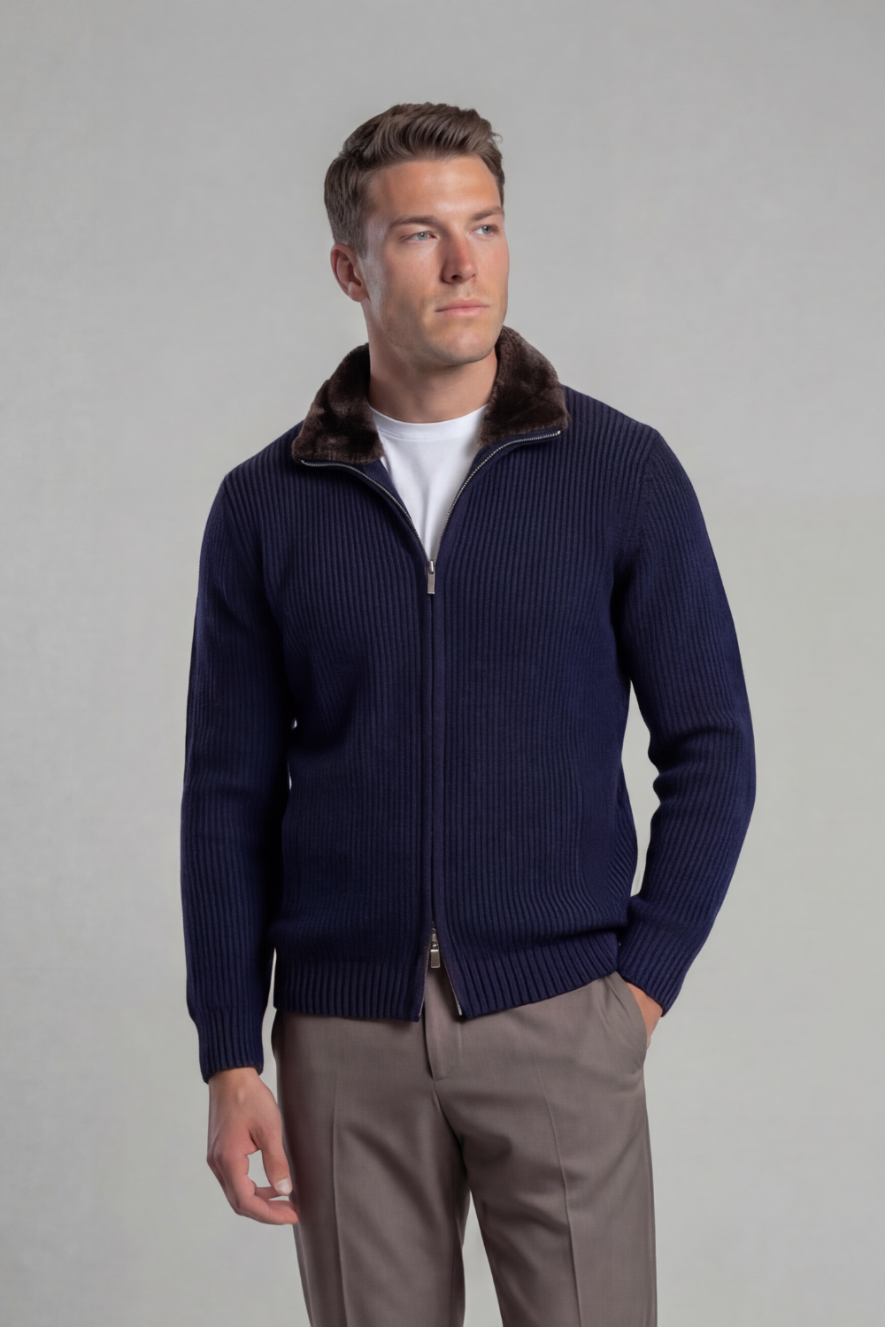 Prague Fur Collar Cardigan - Navy Blue