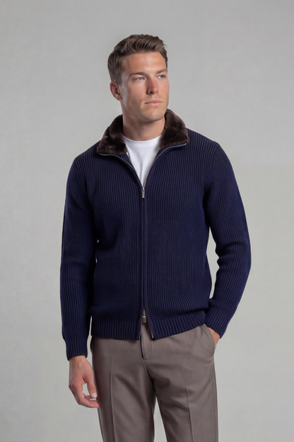 Prague Fur Collar Cardigan - Navy Blue