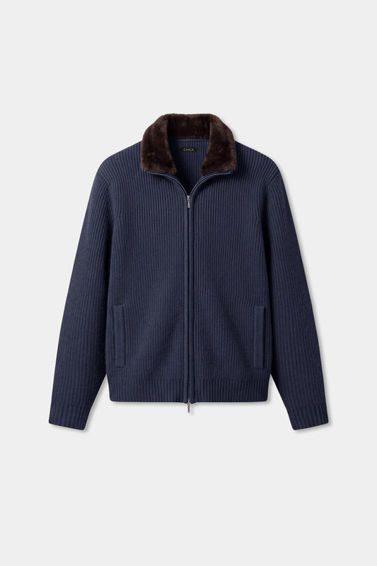 Prague Fur Collar Cardigan - Navy Blue
